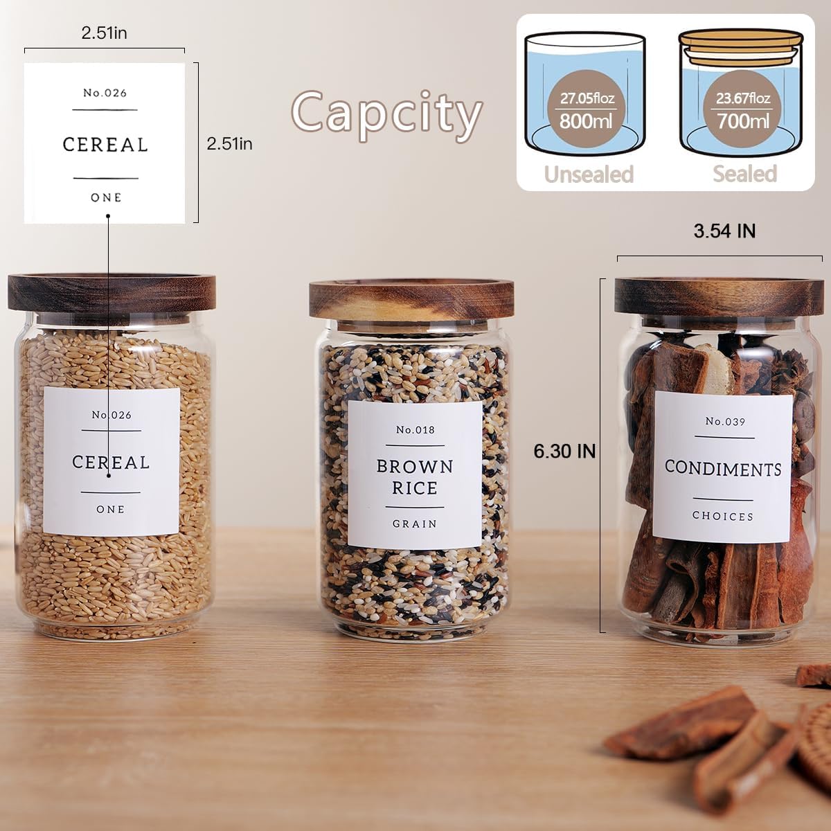 6 Set Glass Pantry Storage Jars with Acacia Airtight Lid