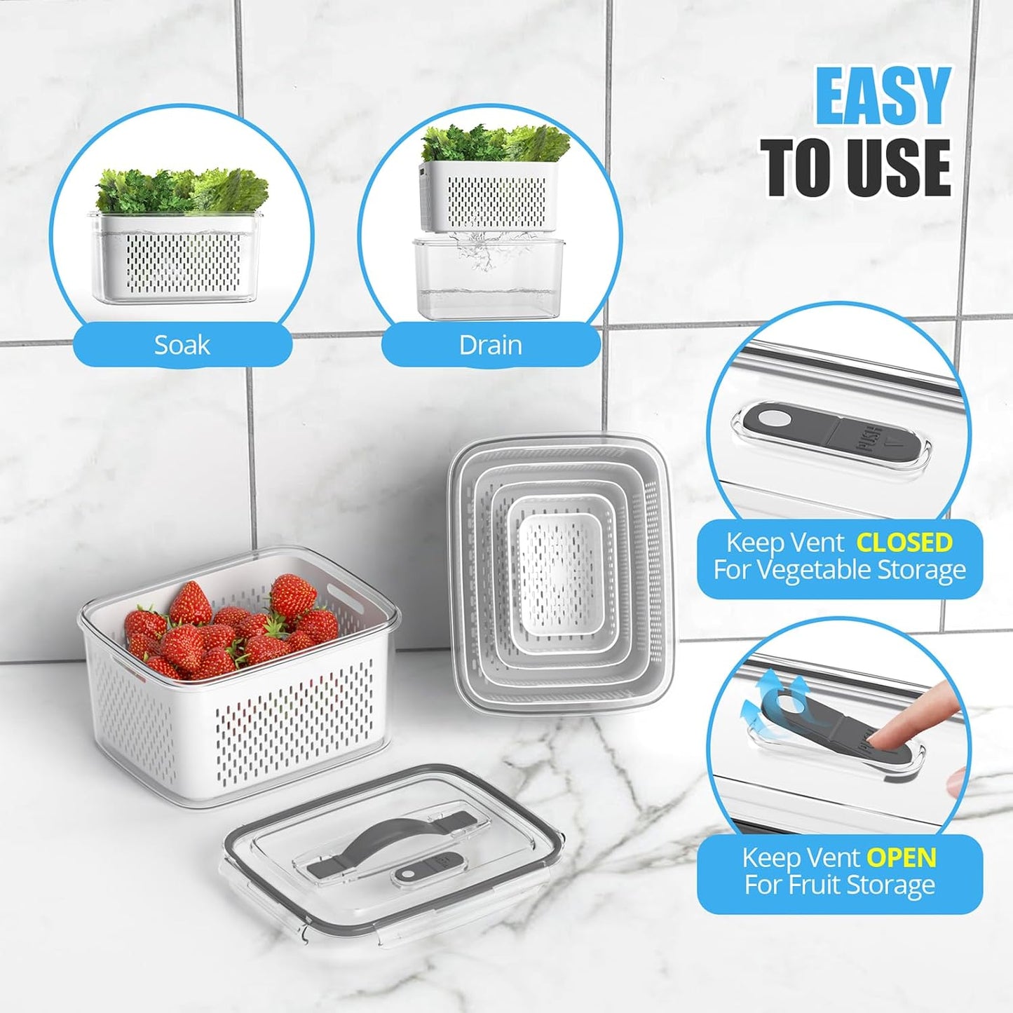 5 Pack Fruit Storage Containers for Fridge - Clear Berry Containers with Colander