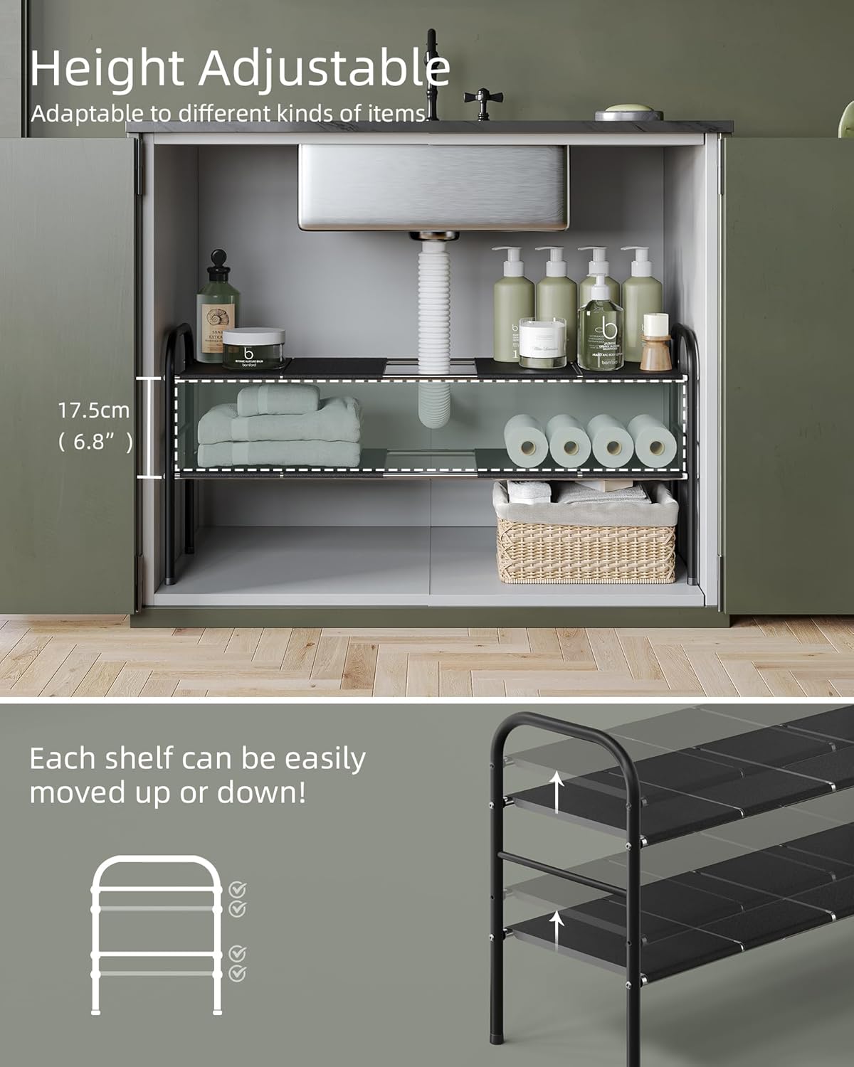 Under Sink Organizers and Storage, 2 Tier Expandable Under Cabinet Organizer Shelf with 8 Removable Panels,Expandable Shelf for Cupboard,Kitchen,Bathroom,Shoe Storage Rack