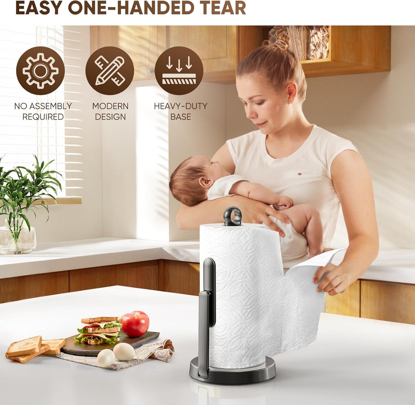 Heavy-Duty Stainless Steel Paper Towel Holder with Tension Arm – Easy One-Handed Tear