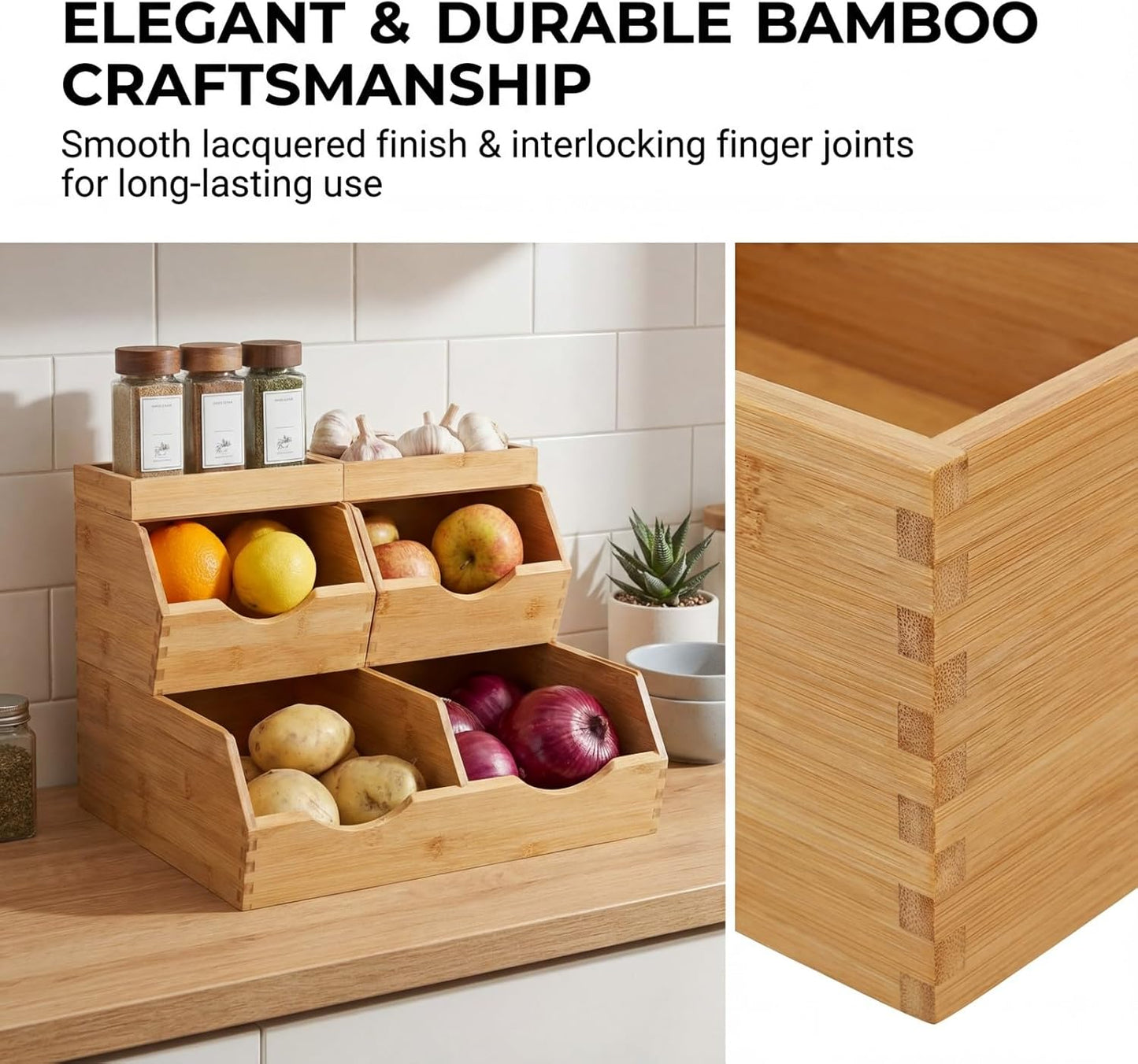 Bamboo Pantry Storage Bins Set 5 Pieces - Stackable Baskets, Potato and Onion Storage
