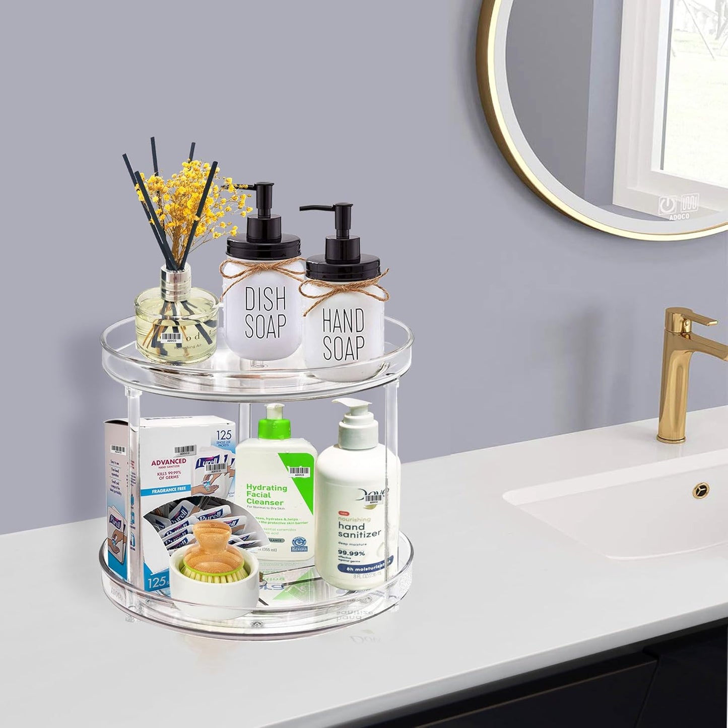 2 Tier Lazy Susan Bathroom Organizer, 9.25Inch Clear 360 Rotating Makeup Organizer for Vanity
