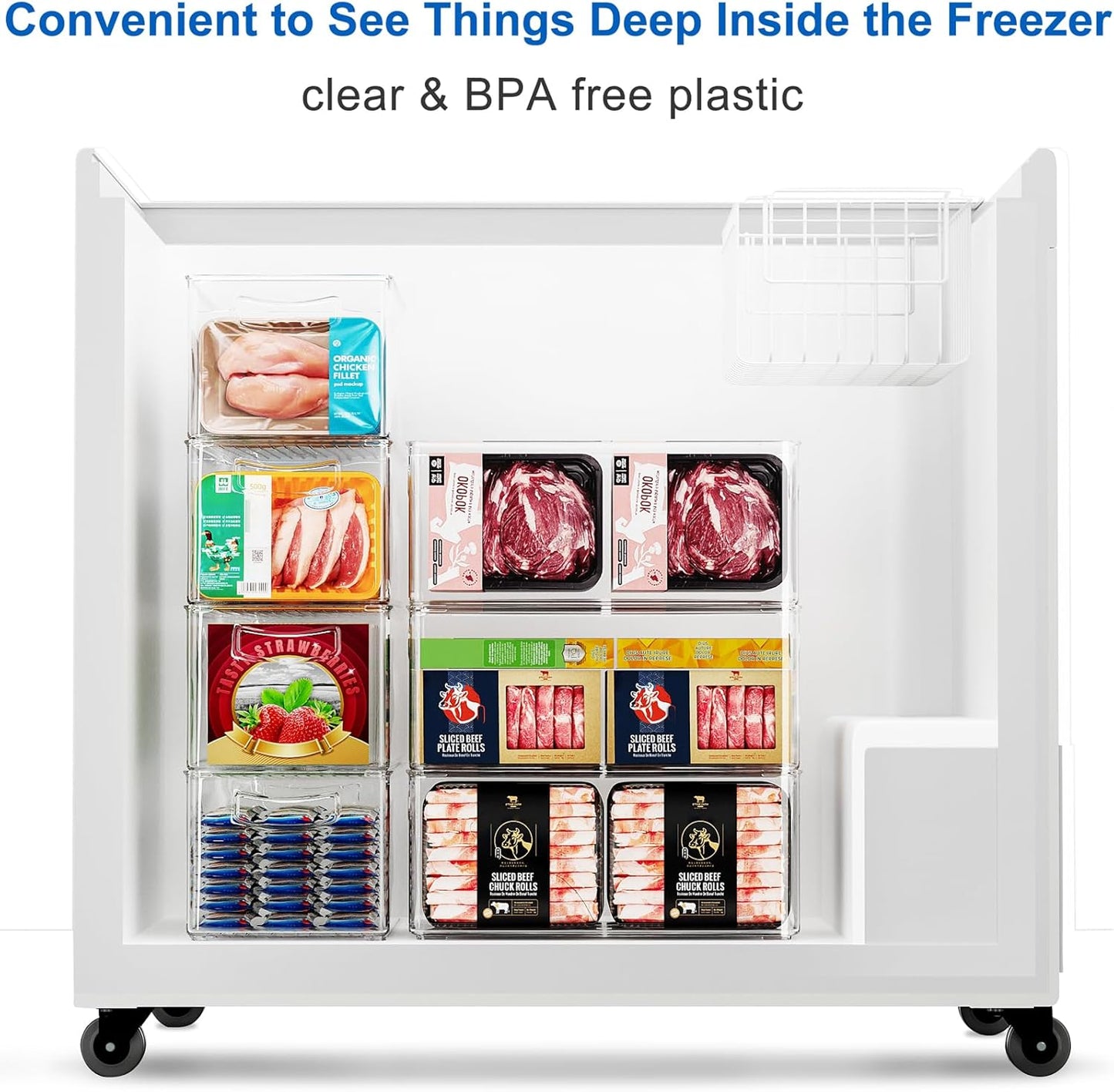 2 Pack Deep Freezer Organizer Bins, Straight Side Stackable Chest Freezer Storage Bins