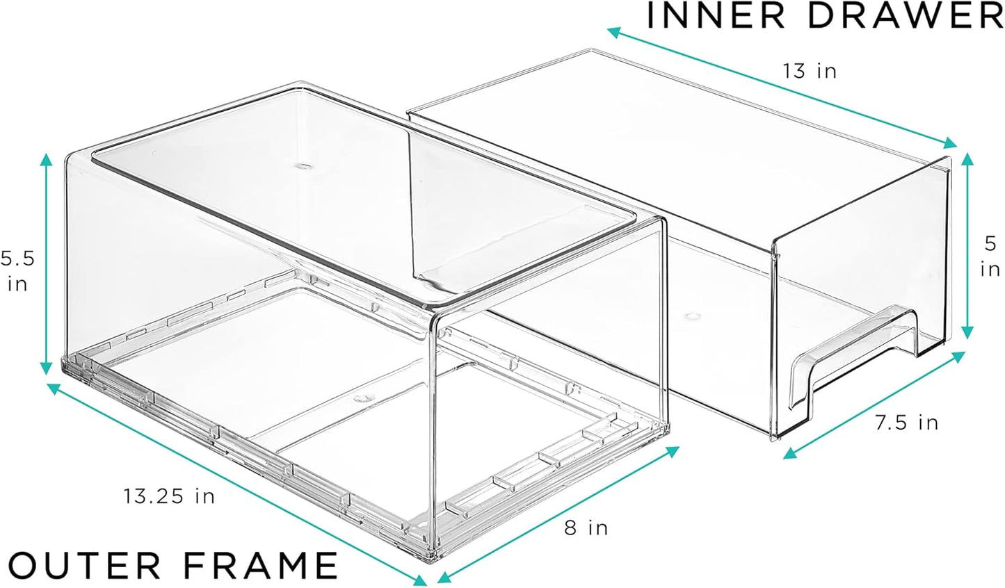 Large Clear Storage Drawers (2 Pack) – Stackable Pull-Out Storage Bins with Handles