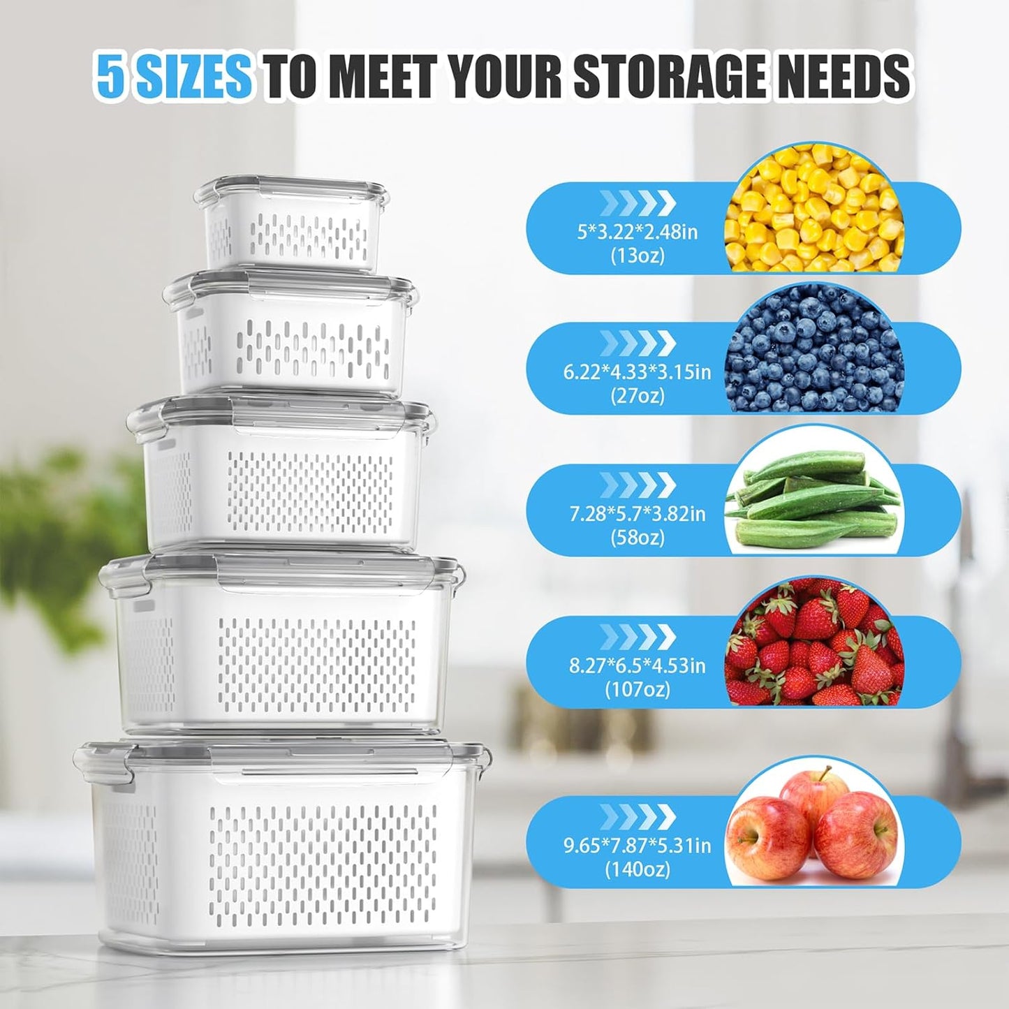 5 Pack Fruit Storage Containers for Fridge - Clear Berry Containers with Colander