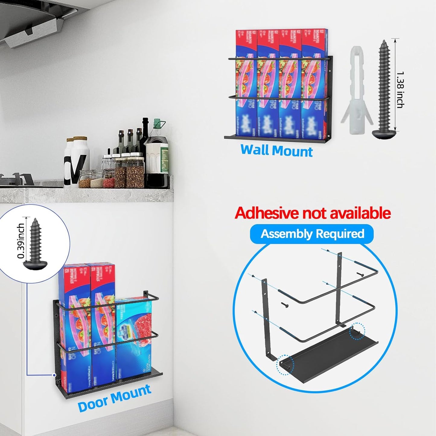 Kitchen Wrap Organizer Door Mount, Aluminum Foil Holder Cabinet Door Organizer Cabinet Storage Basket for Kitchen Wrap/Food Bag Storage, Black
