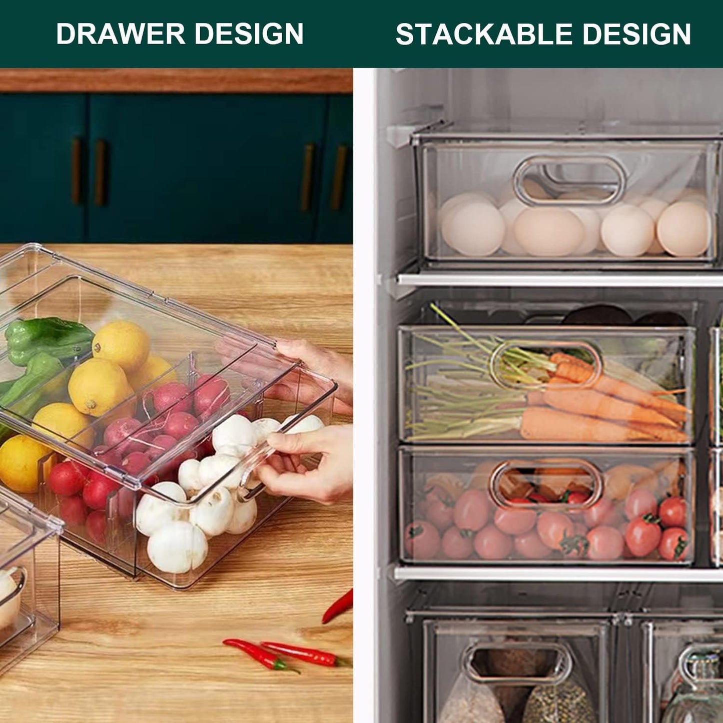 Refrigerator Organizer Bin with Pull-out Drawer, Large Fridge Organizer and Storage Clear