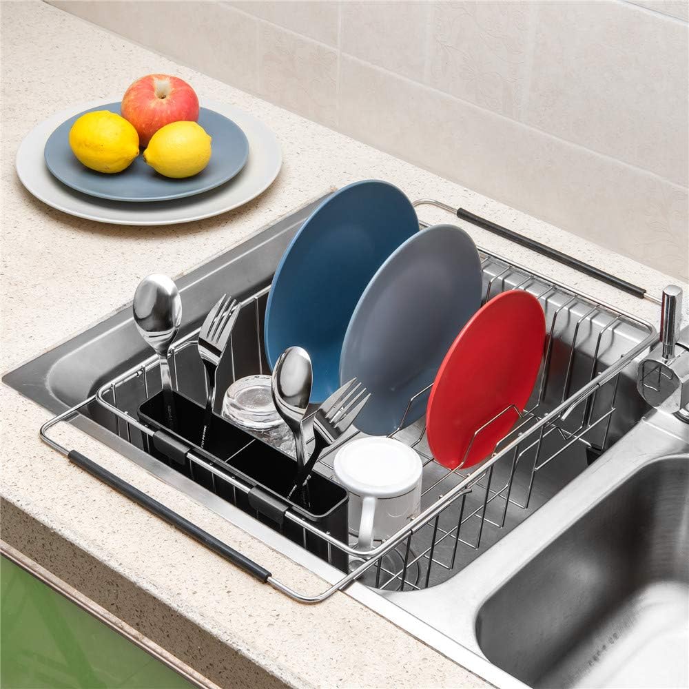 Dish Drying Rack, Large Dish Rack Adjustable Deep Dish Drainer with Removable Silverware Holder