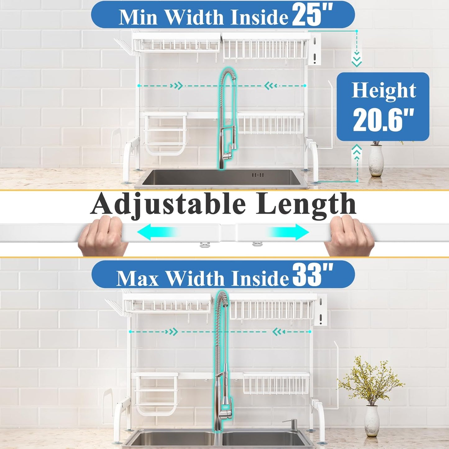Over The Sink Dish Drying Rack, Adjustable (25.5 to 36.5 inch) 2 Tier Metal Steel Dish Drying Racks for Kitchen Counter with Hooks Paper Towel Utensil Cup Holder Sink Caddy (White)