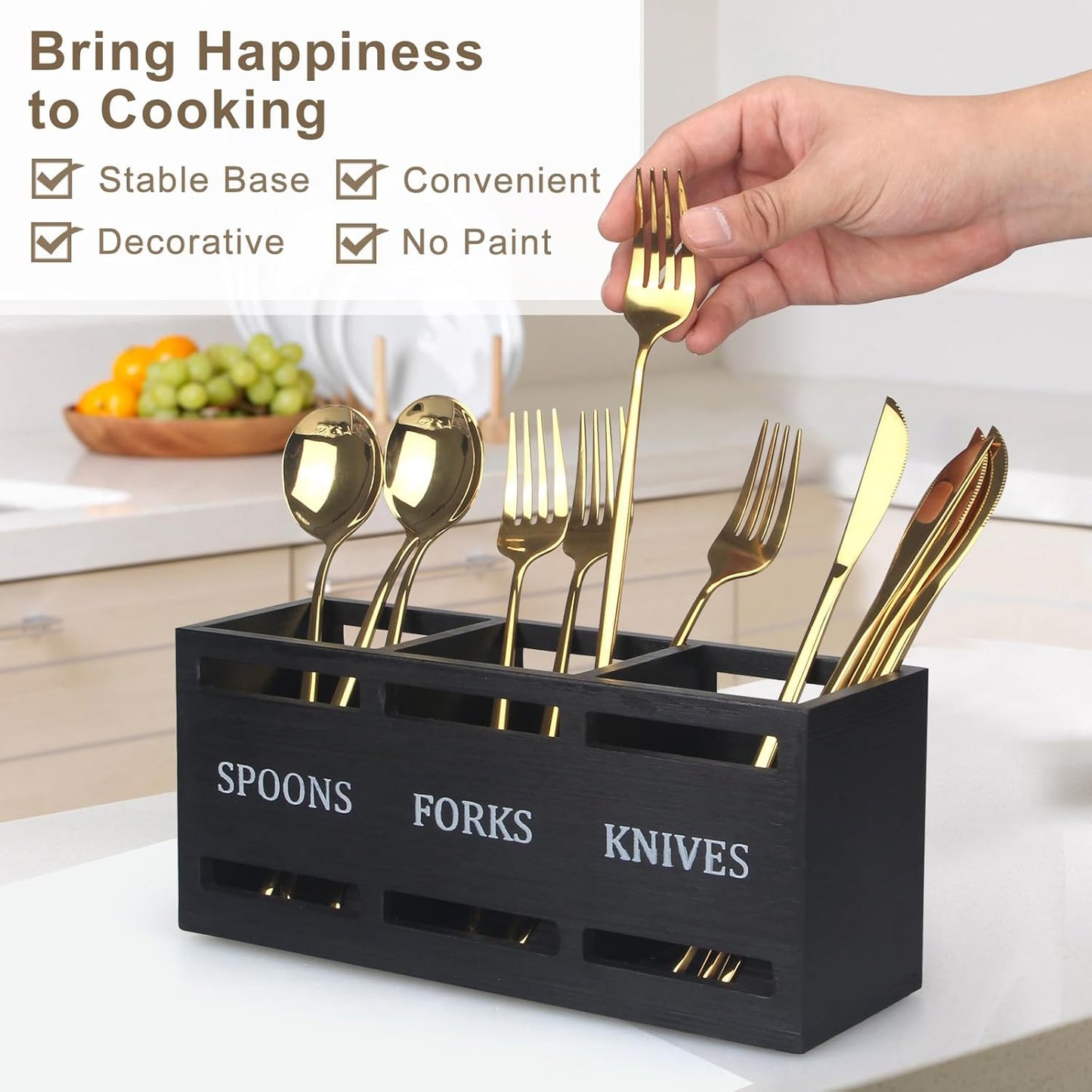 Wooden Silverware Caddy Flatware Cutlery Holder Wood Silverware Organizer Containers Small Black Kitchen Utensil Holder for Countertop Spoon and Fork Holder Flatware Utensils Caddy for Party