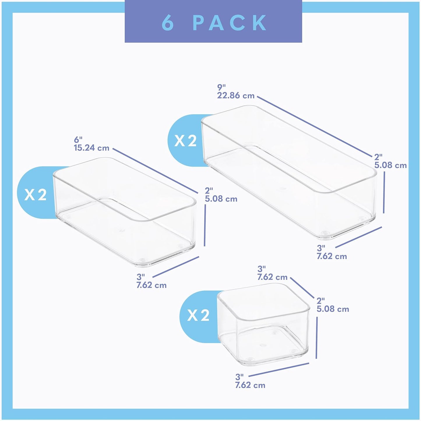 Six Pieces - Clear Plastic Drawer Organizer Bins - Stackable, Non-Slip, 3 Sizes