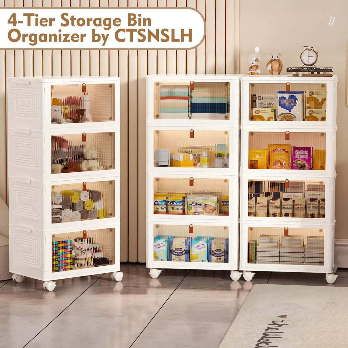 4 Tier Plastic Storage Bins and Boxes Organizer - Stackable with Lids for Bedroom, Living Room