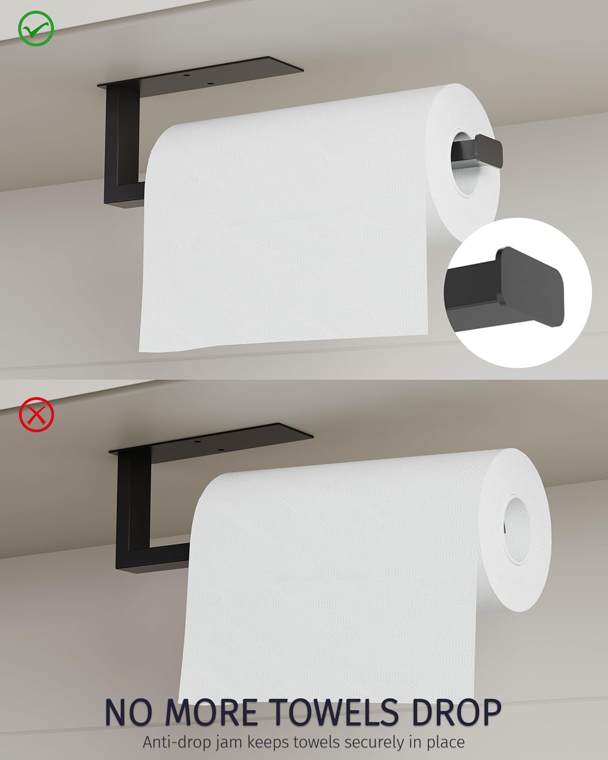 Paper Towel Holder, Black Paper Towel Holder Under Cabinet Wall Mount or Self Adhesive Paper Towel Bar, Hanging Paper Towel Rack for Kitchen and Bathroom, SUS304 Stainless Steel