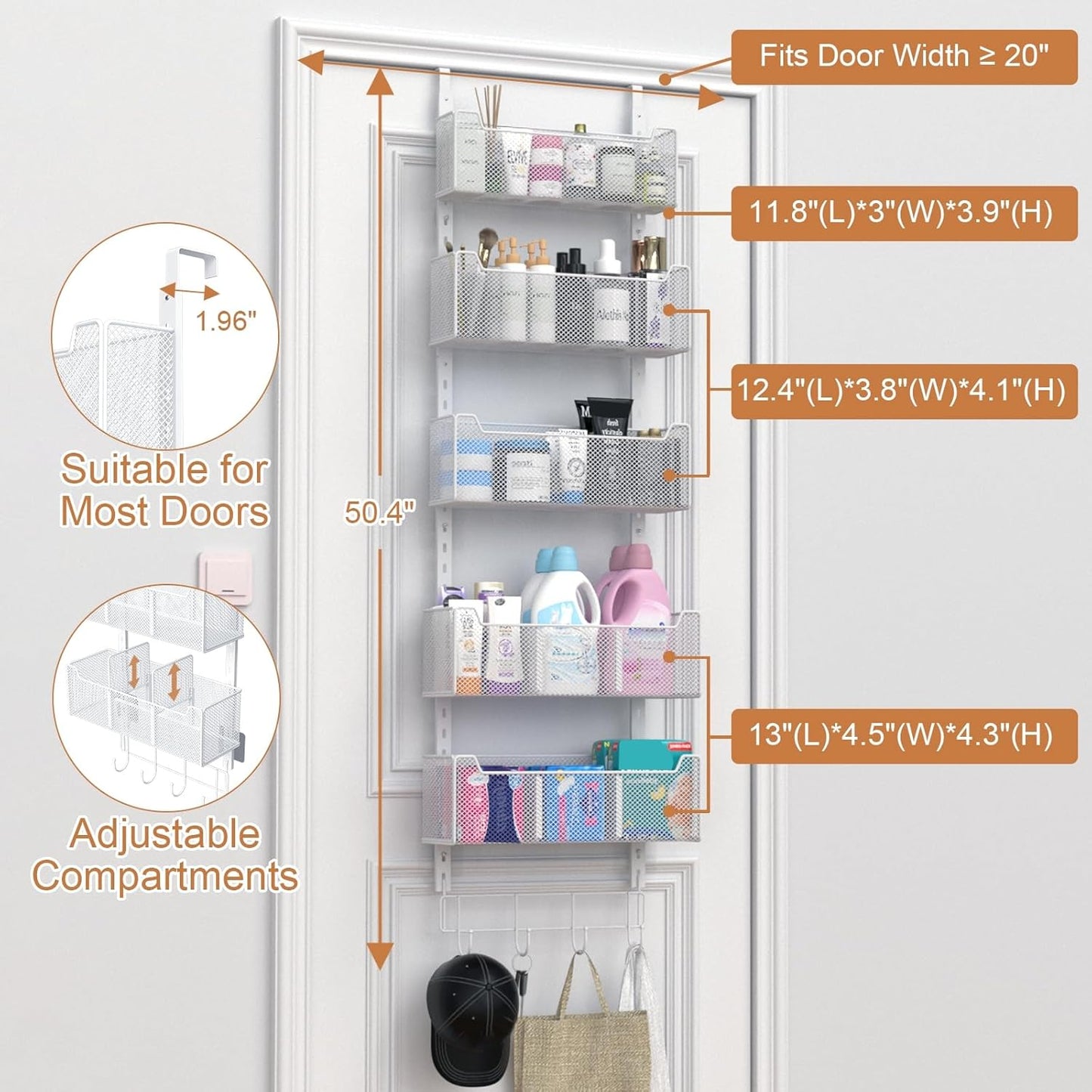 Over The Door Organizer, Metal Door Organizer Hanging with 5 Adjustable Baskets and Coat Hook