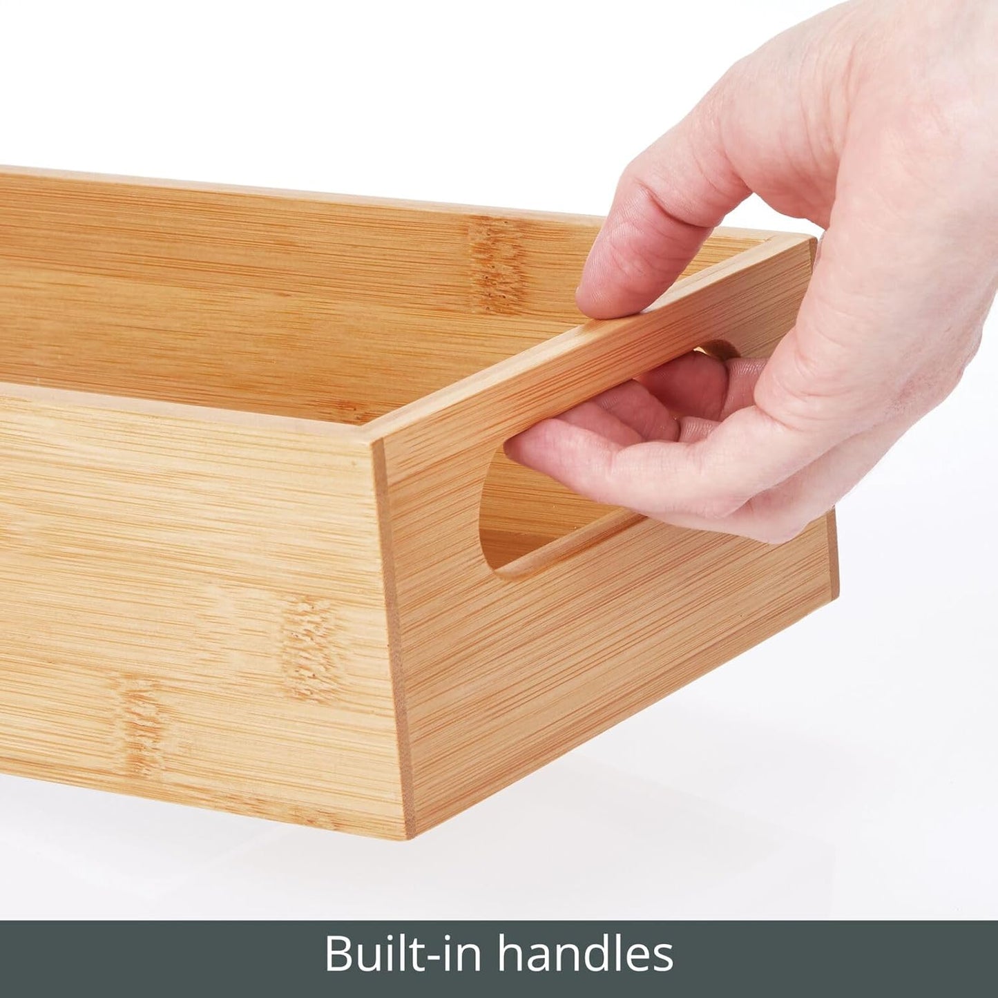 Bamboo Kitchen Storage Container Bin - Drawer Organizer Crate Box with Handles for Pantry Cabinet