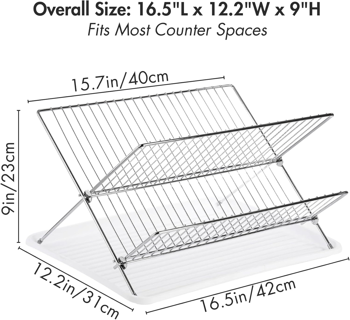 Foldable Dish Drying Rack with Drip Tray, Stainless Steel 2 Tier Dish Drainer Rack