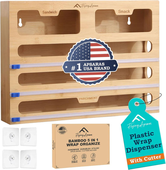 APSARAS USA 5 in 1 Bamboo Foil and Plastic Wrap Organizer for Kitchen Drawer