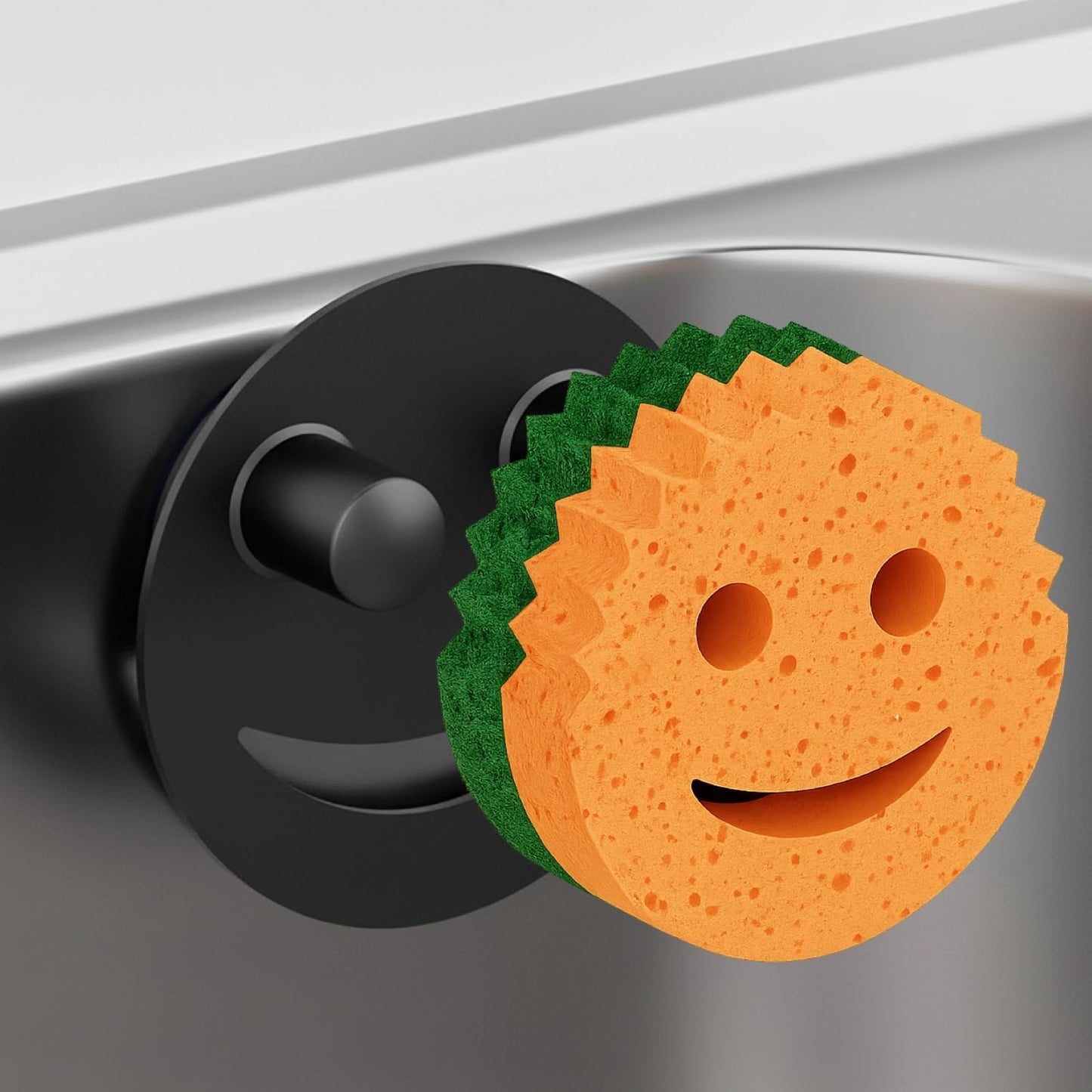 Stainless Steel Smiley Face Sponge Holder with Adhesive Hook - No Falling Risk