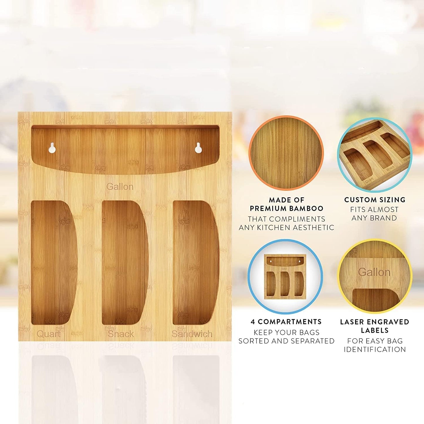 Bamboo Food Bag Storage Organizer for Kitchen Drawer, Baggie Holder for Solimo, Glad, Hefty Gallon