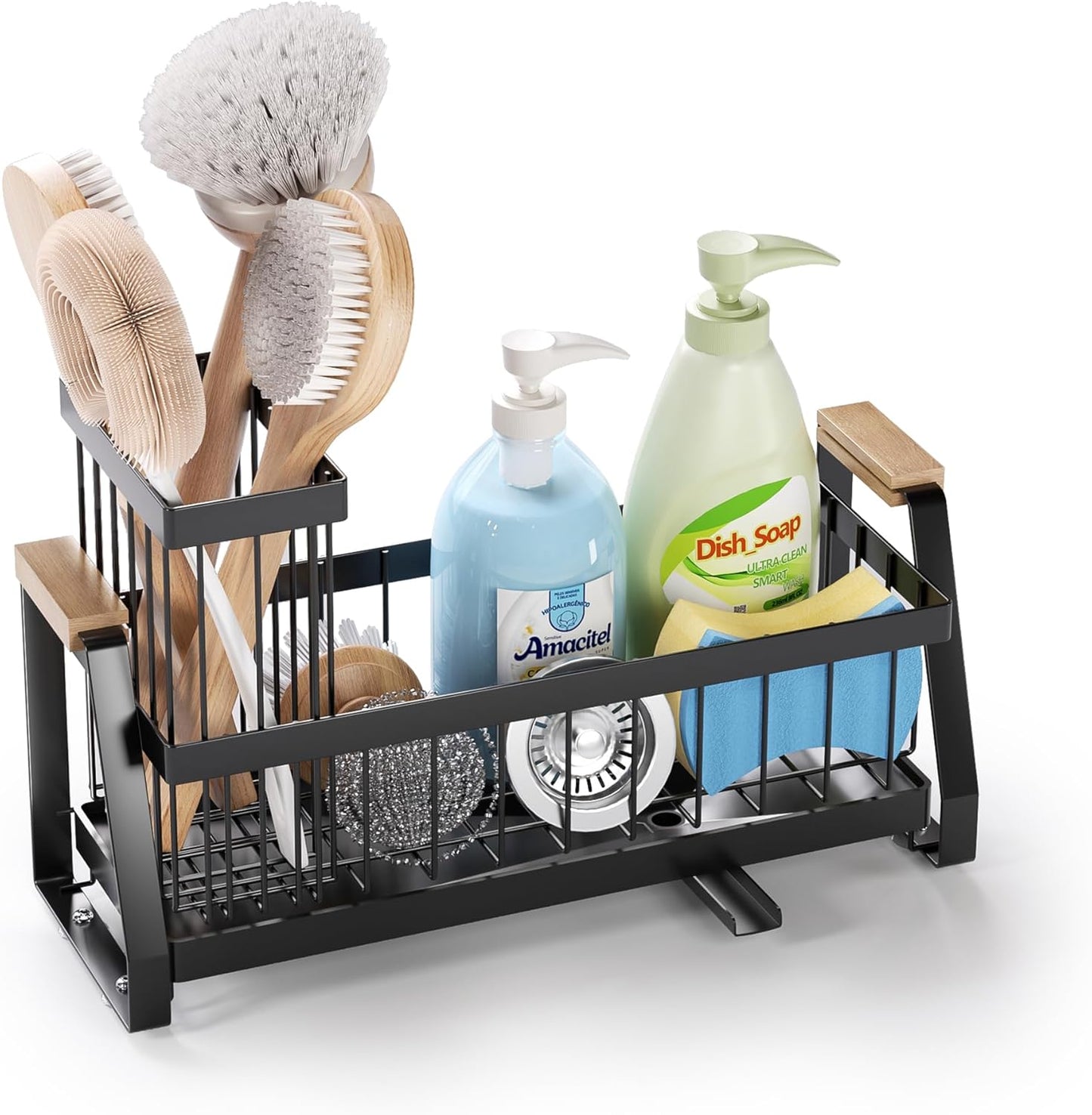 Sink Caddy Organizer with Wooden Handle & Self-Draining Tray