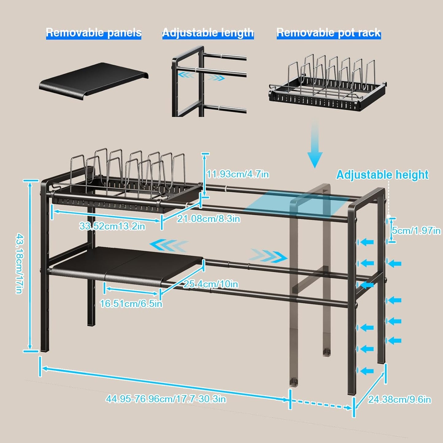 Pots and Pans Organizer Under Cabinet, Expandable 2 Tier Under Sink Organizers and Storage Adjustable Height Kitchen Pot and Pan Lid Holder Rack with 6 Dividers(6panels,1 Pot rack, Black)
