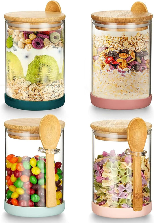 Set of 4 Airtight Glass Jars with Bamboo Lids & Spoons