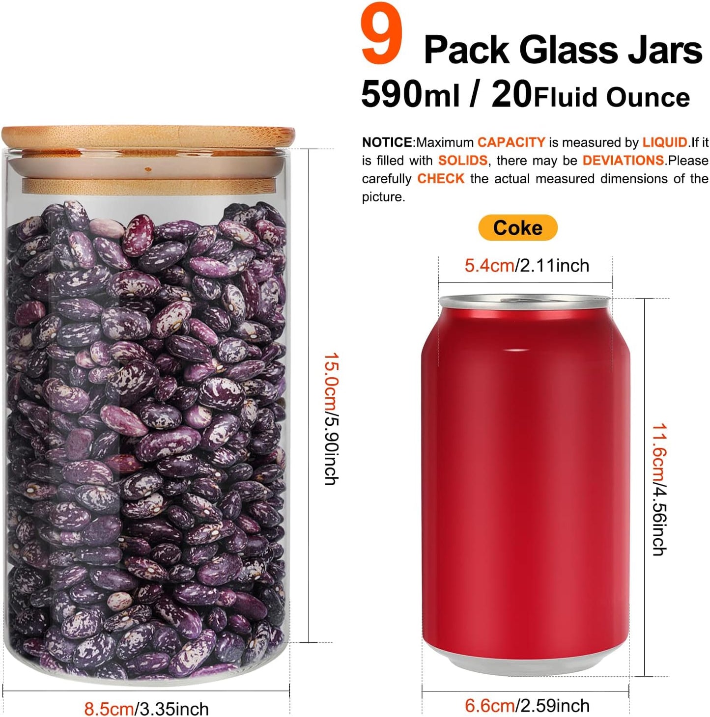 Glass Food Storage Containers Jars with Airtight Bamboo Lid 20 oz 9 pcs