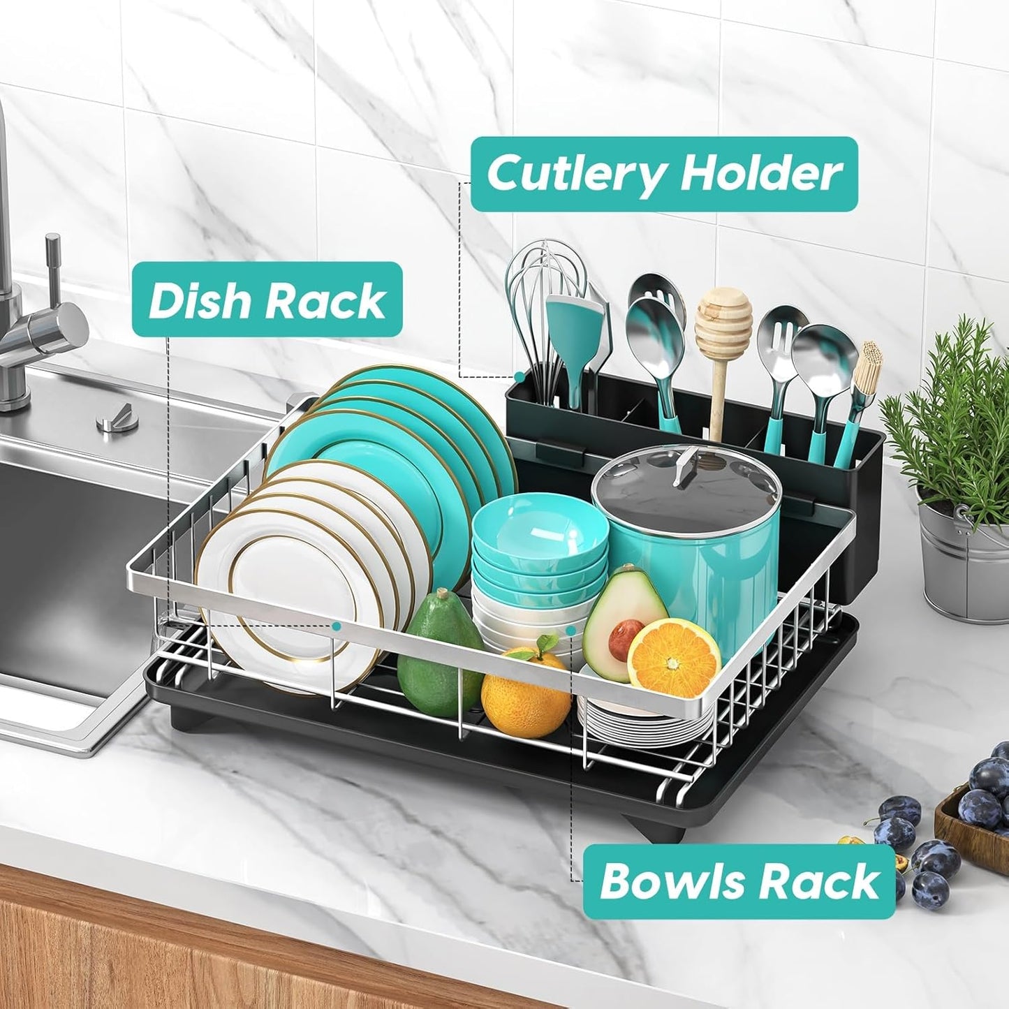 Stainless Steel Dish Drying Rack for Kitchen Counter Sink，Rustproof Stainless Steel Dish Rack with Large 3-Compartment Utensil Holder