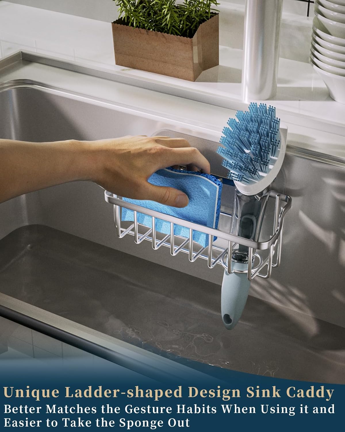 Sponge Holder Sink Caddy - Ladder Shaped Sponge Holder for Kitchen Sink with 2 Installation Ways (Suction Cups & Adhesive Hook), Rustproof Stainless Steel Kitchen Organizer, Silver