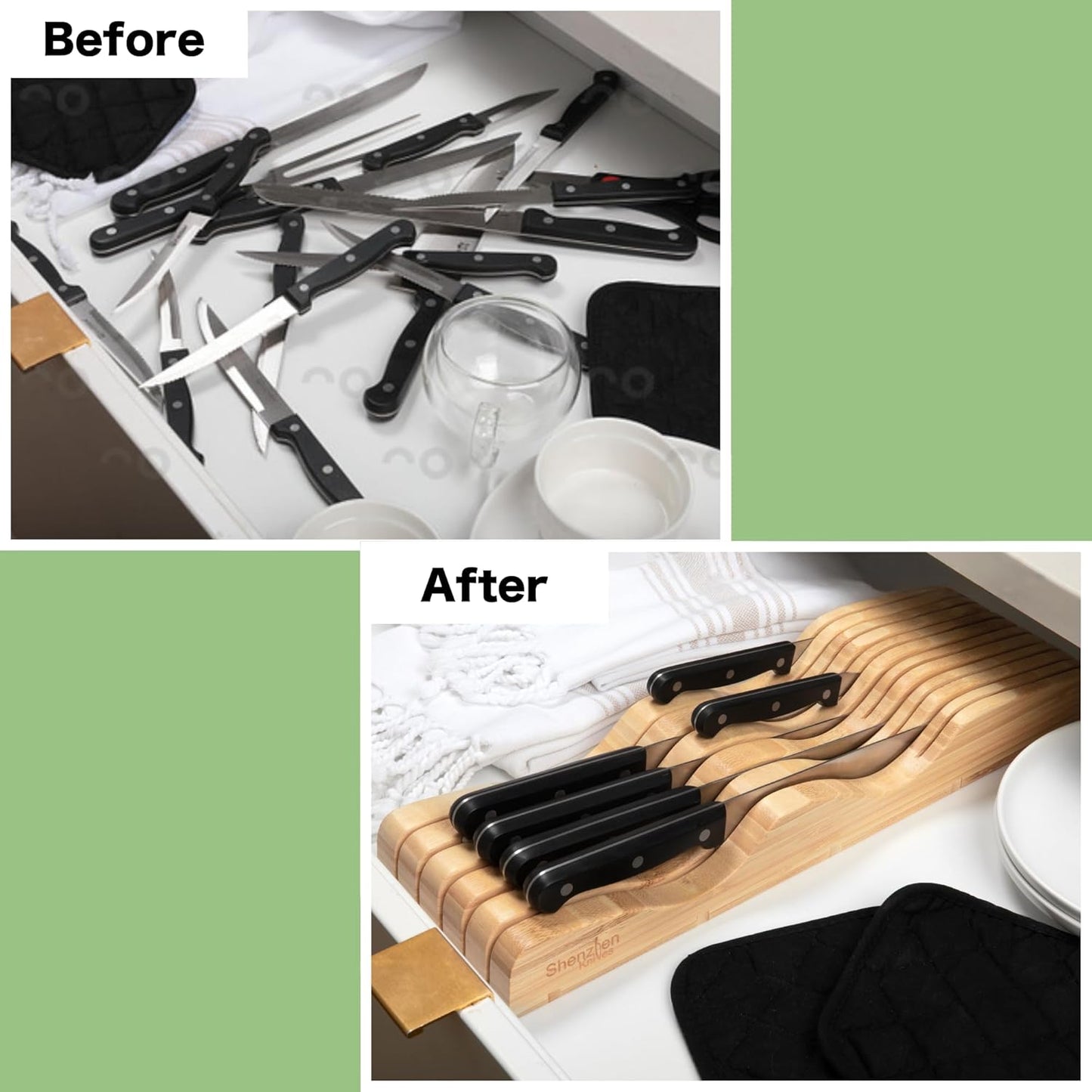Large In-Drawer Bamboo Knife Block: 11 Slot (Holds 10-12 Knives) Empty Wooden Knife Holder for Kitchen Drawers - Cutlery Tray Organizer & Storage
