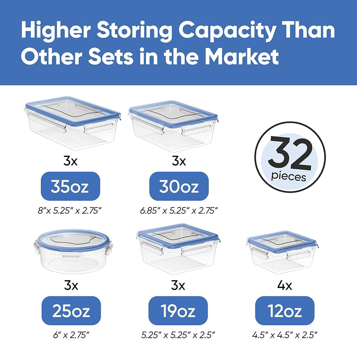 32 Piece Airtight Food Storage Containers with Royal Blue Easy Snap Lids, 16 Containers and Lids