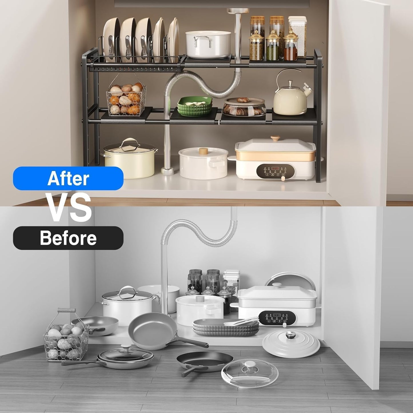 Pots and Pans Organizer Under Cabinet, Expandable 2 Tier Under Sink Organizers and Storage Adjustable Height Kitchen Pot and Pan Lid Holder Rack with 6 Dividers(6panels,1 Pot rack, Black)