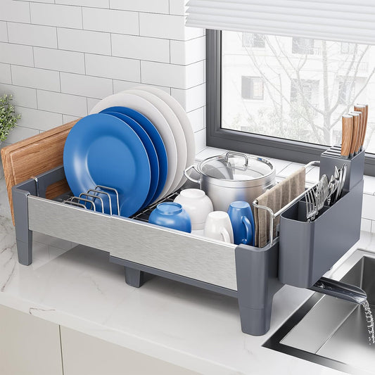 Expandable Dish Drying Rack, Stainless Steel Dish Rack with Aluminum Frame