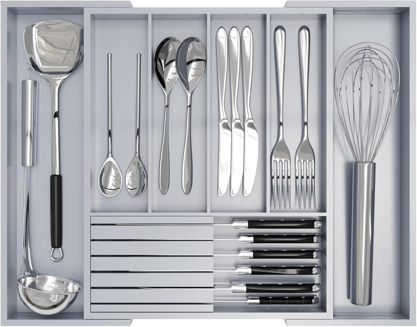 Bamboo Kitchen Silverware Drawer Organizer - Expandable Wood Utensil Holder with Dividers