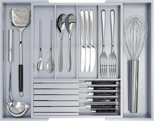 Bamboo Kitchen Silverware Drawer Organizer - Expandable Wood Utensil Holder with Dividers