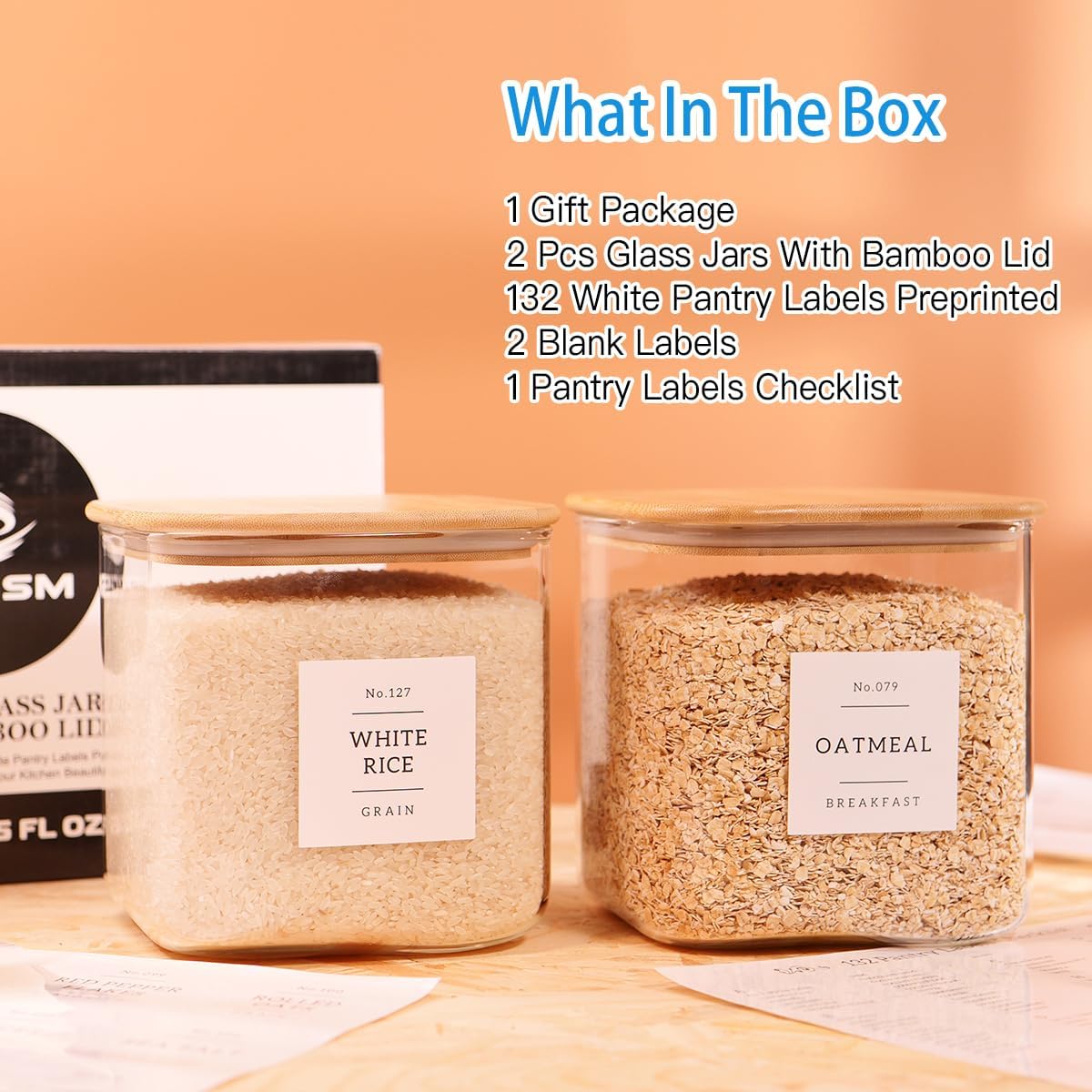2 Pack Square Glass Flour and Sugar Containers with 132 Kitchen Pantry Labels
