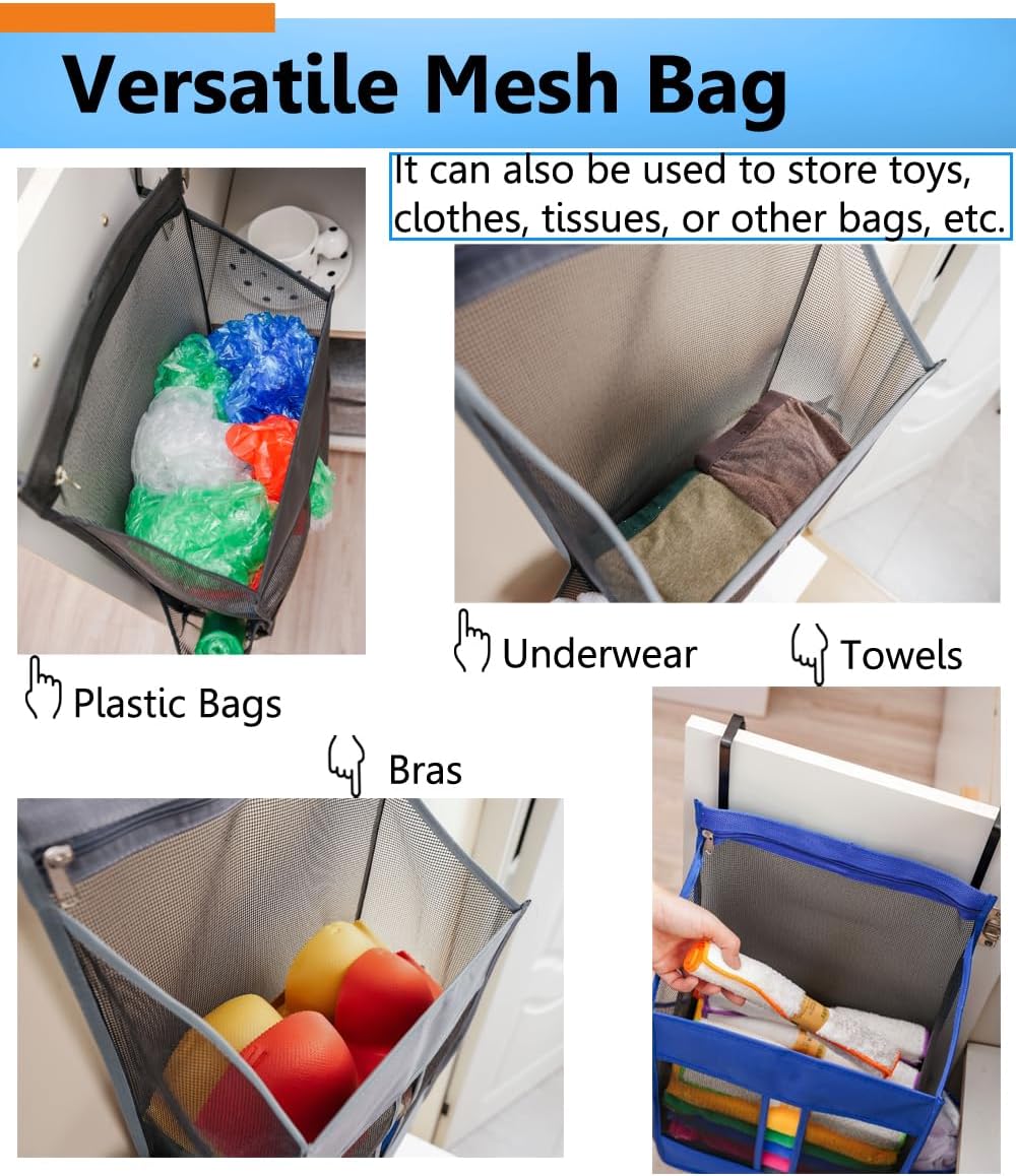 Hanging Plastic Grocery Bag Holder and Dispenser,Mesh Over the Cabinet Door Organizer with Easy-Access Openings for Kitchen Towel,Bras,Laundry,Installation Free(Black, 21.7"H * 11.8"W * 5.9"D)