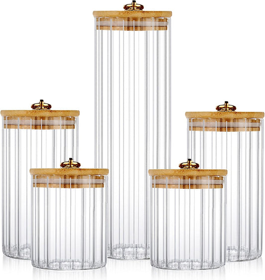 Glass Storage Jars Set of 5, Decorative Coffee Bar Container with Airtight Bamboo Lid Metal Ring for Home Kitchen Storing Candy, Cookie, Pasta, Nuts, Oatmeal and Bathroom Salt