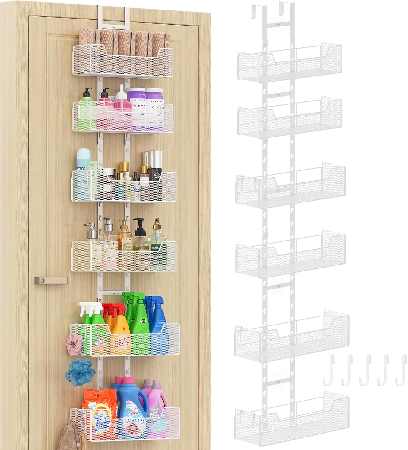 Over The Door Organizer, Metal Hanging Door Organizer with 6 Adjustable Baskets and 5 Hooks