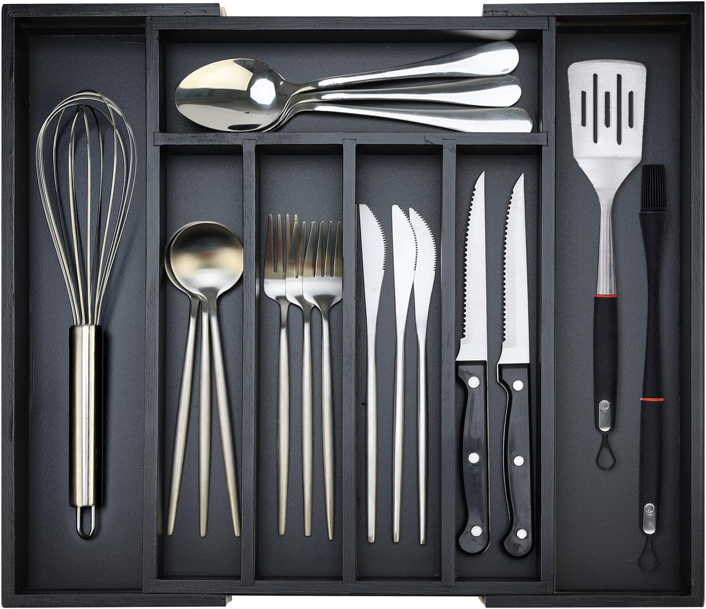 Bamboo Kitchen Drawer Organizer Tray Black Expandable Spoon Silverware Organizer Large Utensil Holder Drawers Divider Adjustable Cutlery Flatware Organizers for Drawer Wood Utensil Silverware Tray