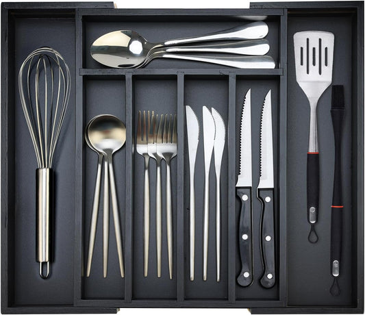 Bamboo Kitchen Drawer Organizer Tray Black Expandable Spoon Silverware Organizer Large Utensil Holder Drawers Divider Adjustable Cutlery Flatware Organizers for Drawer Wood Utensil Silverware Tray