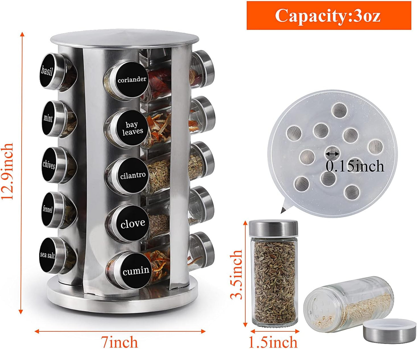 Revolving Spice Rack with 20 Jars, Rotating Spice Rack Organizer, Seasoning Organizer with Labels