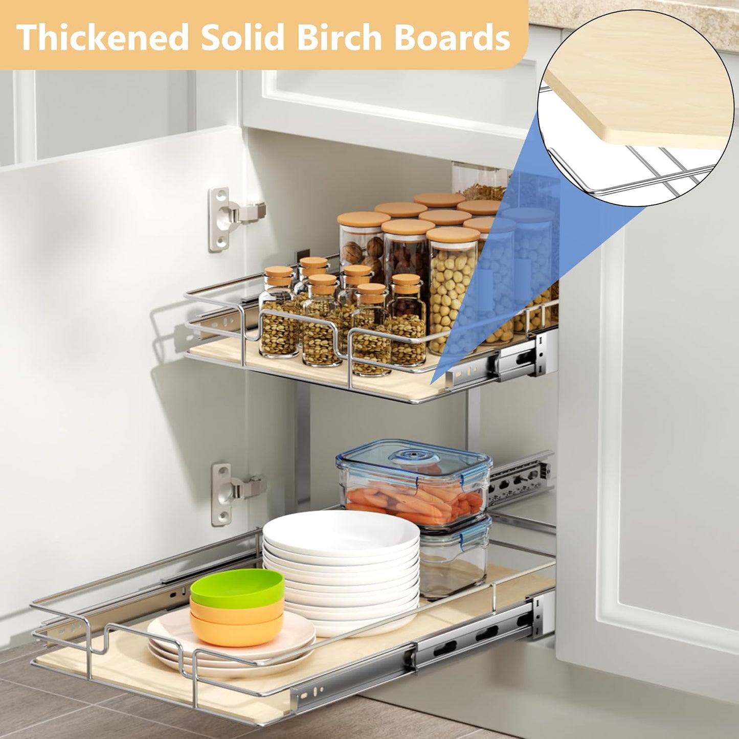 2 Tier Individual Pull Out Cabinet Organizer 10½"W x 21½"D, Slide Out Wood Shelves Organizers