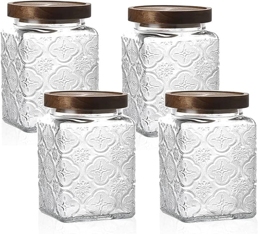 Vintage Glass Airtight Storage Jar Set of 4, With Airtight Wood Lid
