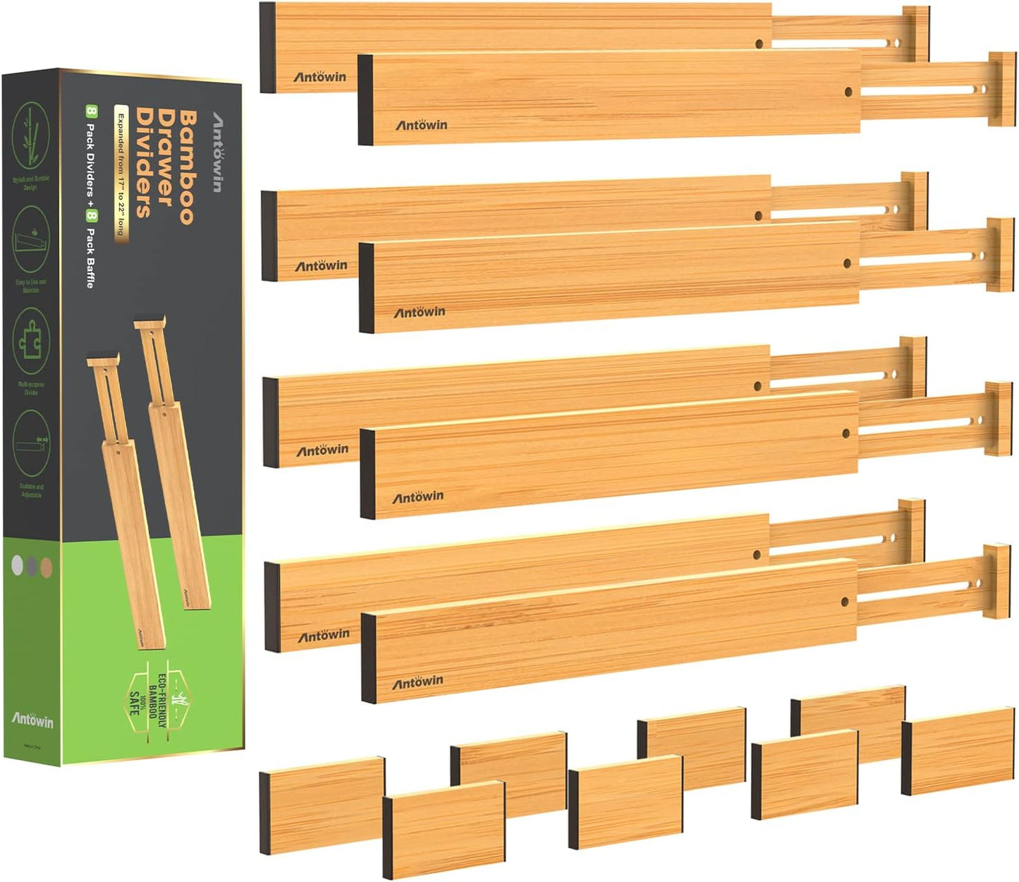 Bamboo Drawer Dividers Organizers 16pcs, Expandable Drawer Separators Splitter