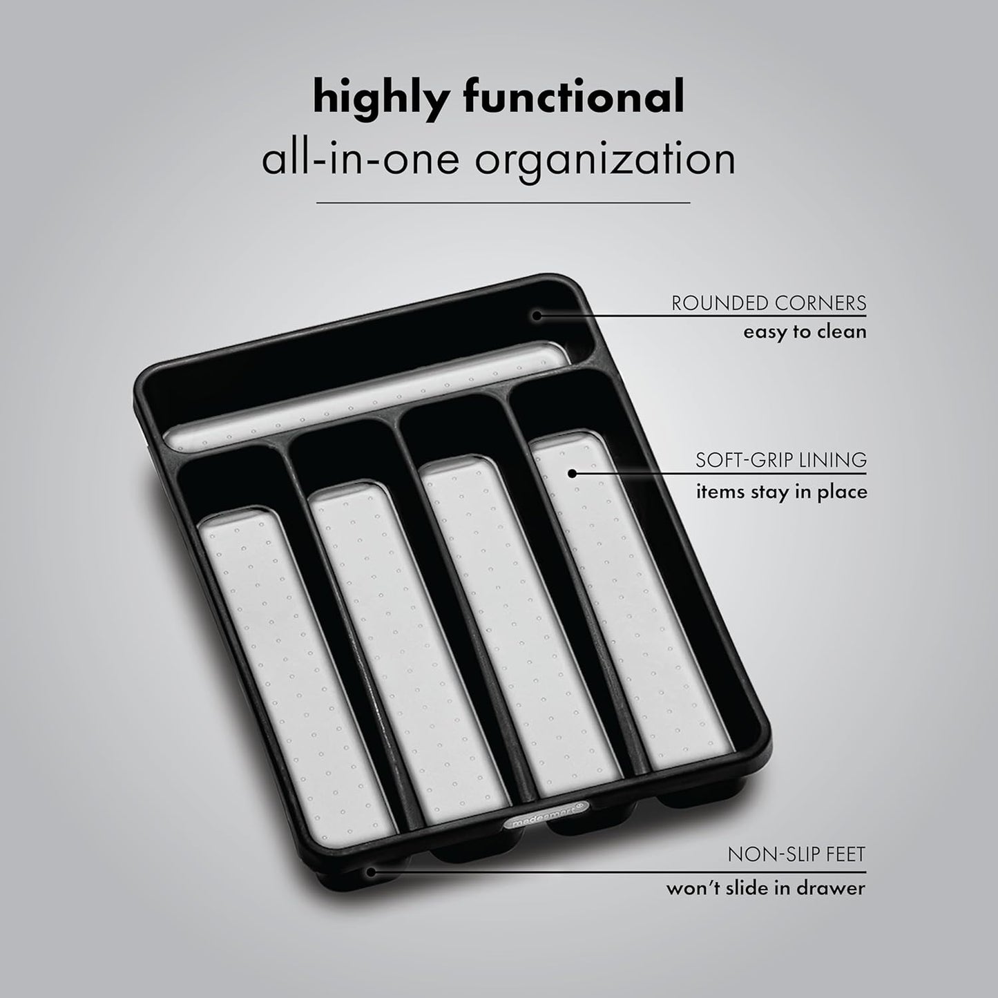 Small Silverware Tray, 5 Compartment Flatware Organizer for Forks, Knives & Spoons, Non Slip