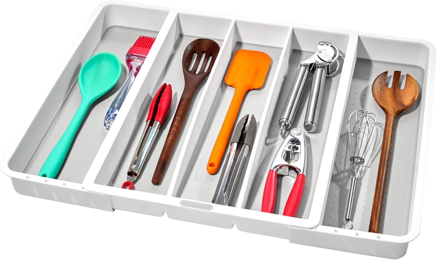 Expandable Utensil Tray-White | Classic Collection | 5-Compartments | Kitchen Organizer | Soft-Grip Lining and Non-Slip Rubber Feet | Easy to Clean | BPA-Free