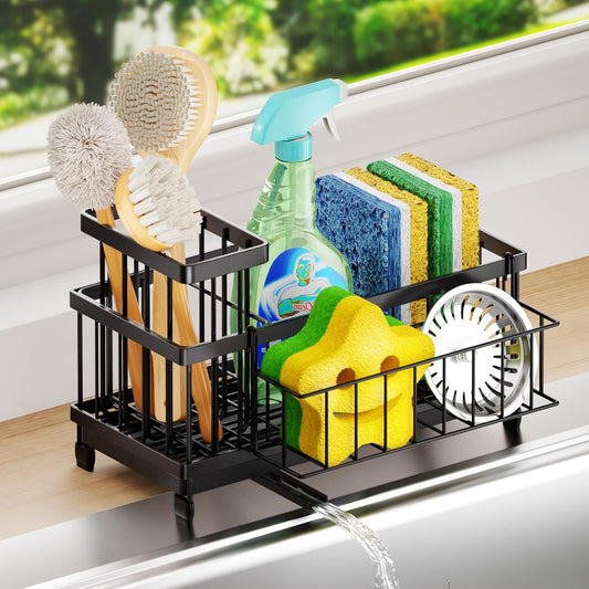 Sink Caddy Sponge Holder - Large Sponge Holder for Kitchen Sink with 360°Auto-Drain Tray