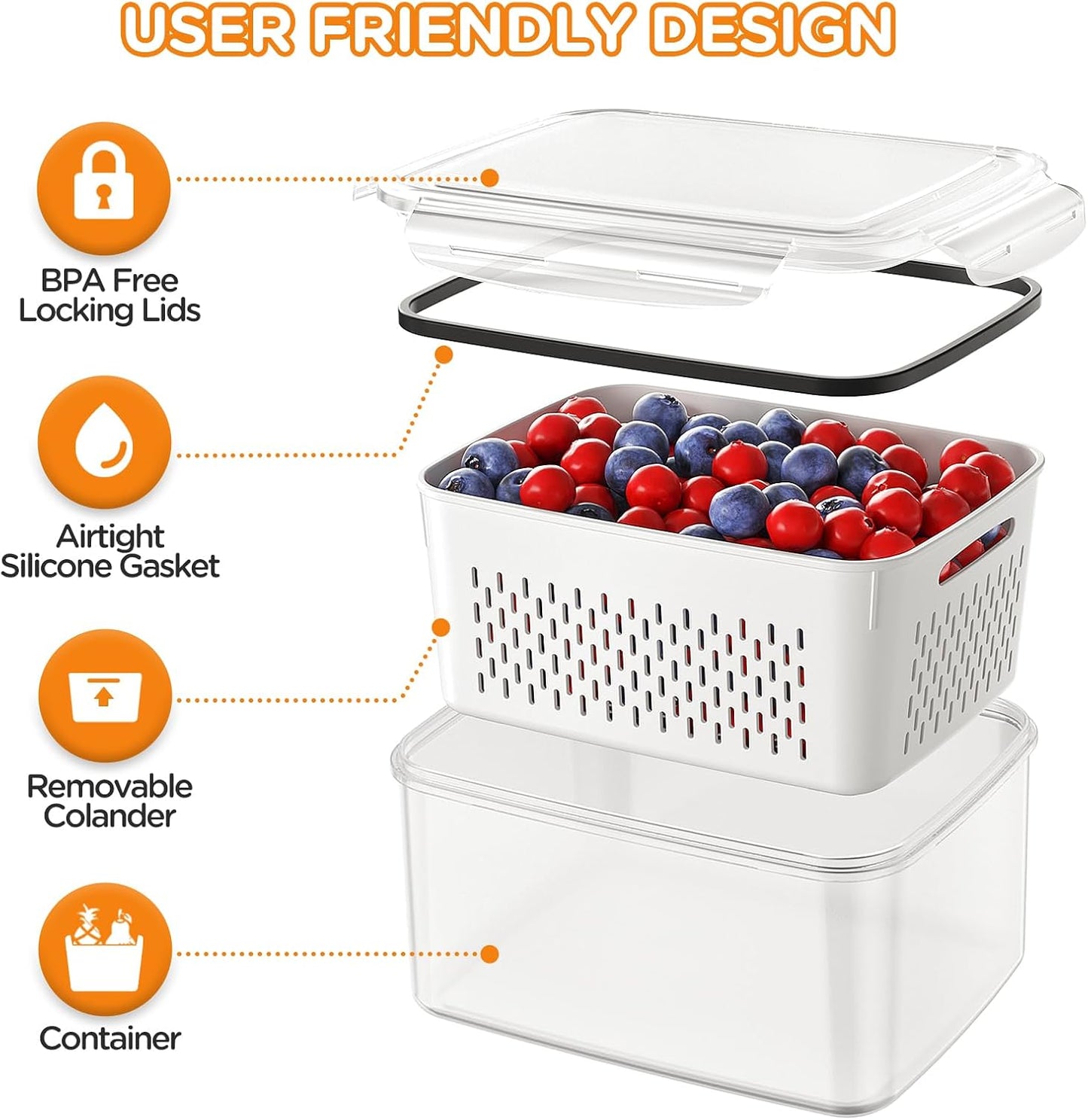 5-Pack Fruit Storage Containers for Fridge with Removable Colanders
