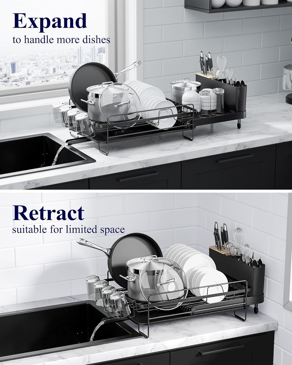 Large Dish Drying Rack - Extendable Dish Rack, Multifunctional Dish Rack for Kitchen Counter